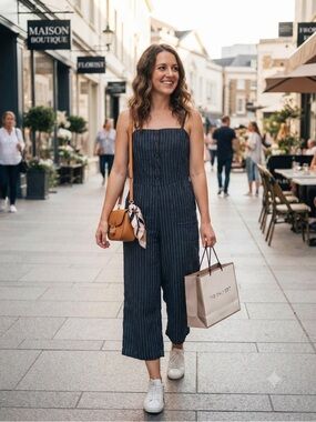 Old Navy Pinstripe Wide-Leg Straight Capri Jumpsuit Pockets & Adjustable Straps